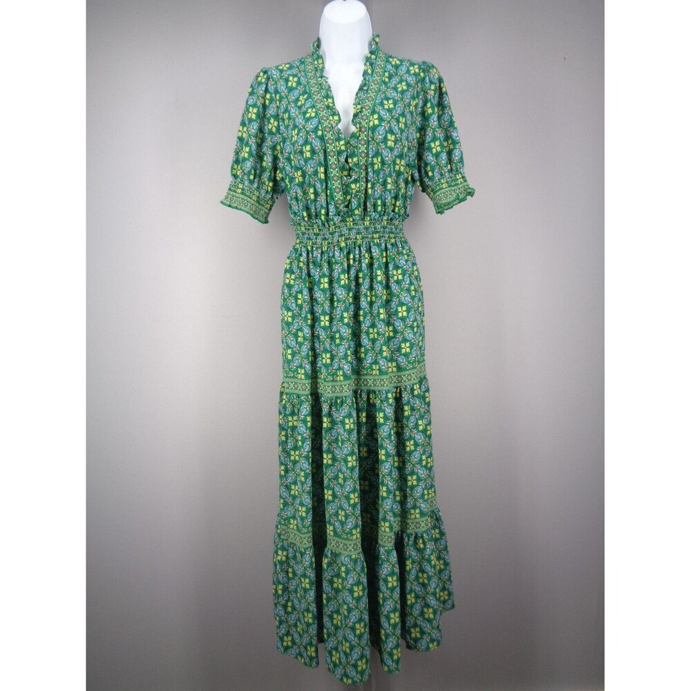 Max Studio Green Floral Ruffle Neck Smocked Tiered Maxi Dress Size Small